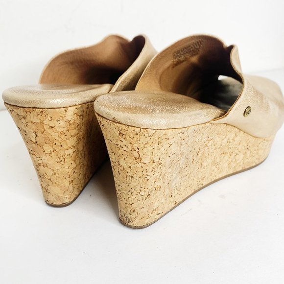 UGG Metallic Gold Cork Wedge Sandals Heel Peep Toe Women's Size 6 - Picture 6 of 11